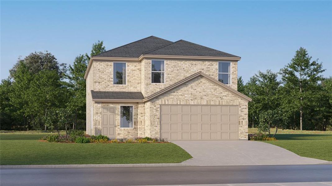 View of front of home featuring a garage and a front lawn