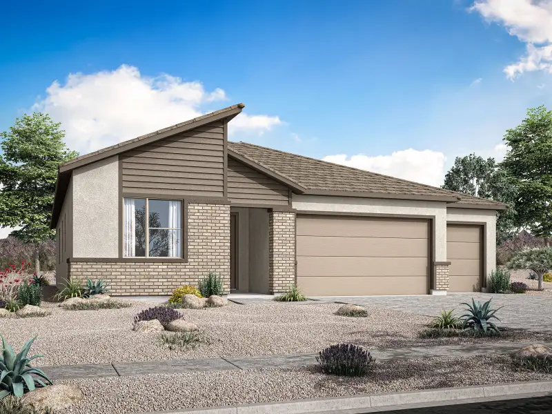 Front exterior of a new home in Landmarke, San Tan Valley, AZ, highlighting curb appeal (Image 1). Front exterior of a new home in Landmarke, San Tan Valley, AZ, highlighting curb appeal (Image 1).