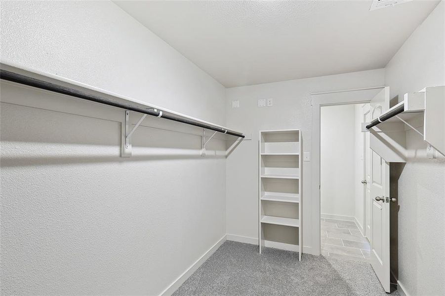 Walk in closet featuring light colored carpet