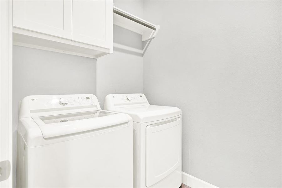 Laundry area featuring cabinet space and separate washer and dryer