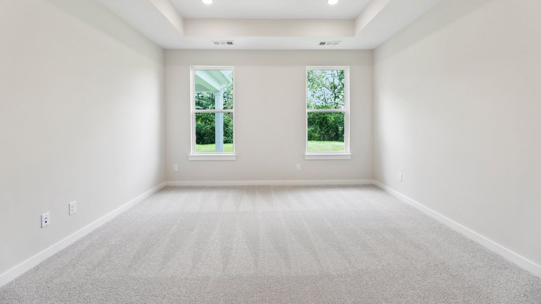 Primary suite with tray ceiling, windows, and carpet