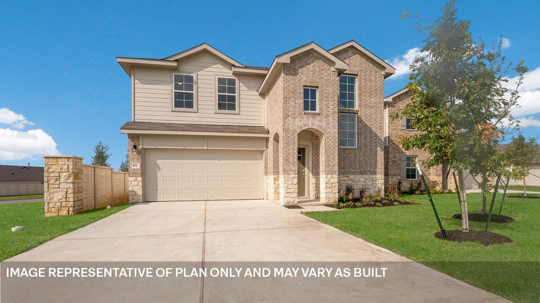 Front exterior of a new home in Prairie Lakes, Buda, TX, highlighting curb appeal (Image 14).