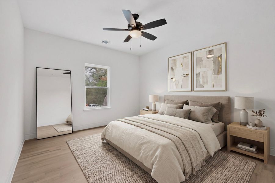 Bedroom featuring a ceiling fan, light wood-finish flooring, white walls, and a window with white trim Bedroom featuring a ceiling fan, light wood-finish flooring, white walls, and a window with white trim