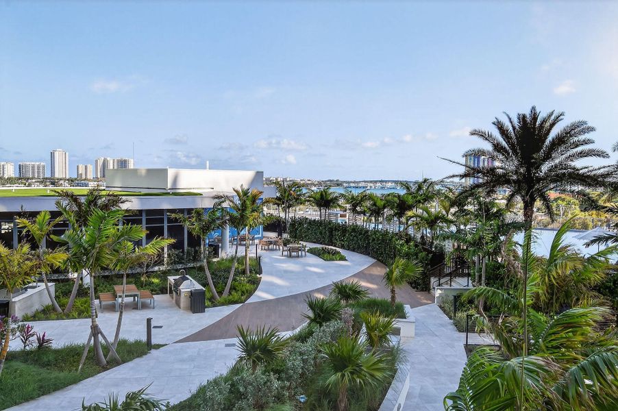 There are beautiful walkways and sitting areas throughout the property.