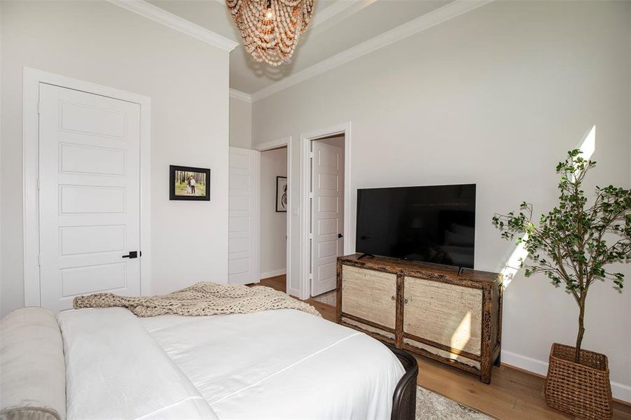 This bedroom features a cozy, neutral color palette with a white bed and textured throw. It includes a rustic wooden TV stand, a large TV, and a decorative potted plant. The room is well-lit, has high ceilings, a stylish light fixture, and white paneled doors.