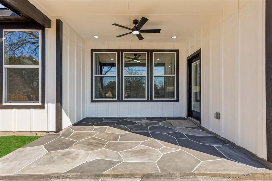 View of patio with ceiling fan