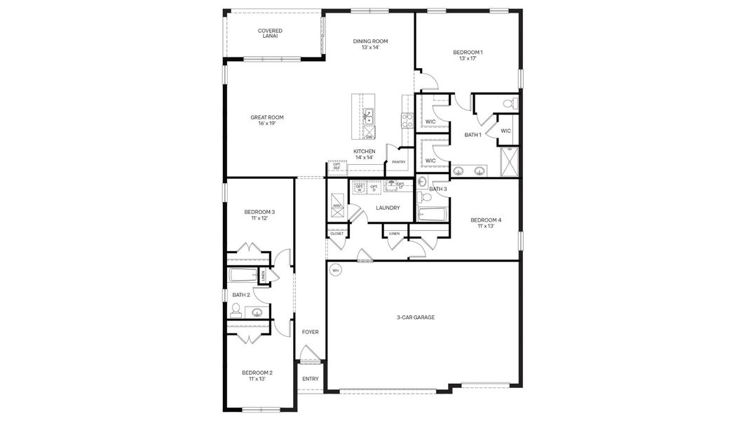 2D floor plan layout for the Denham by D.R. Horton in Rye Crossing, Parrish, FL (Image 3).