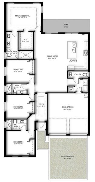 2D floor plan layout for the Emilia by Century Homebuilders Group in Century Heights, Miami, FL (Image 2).