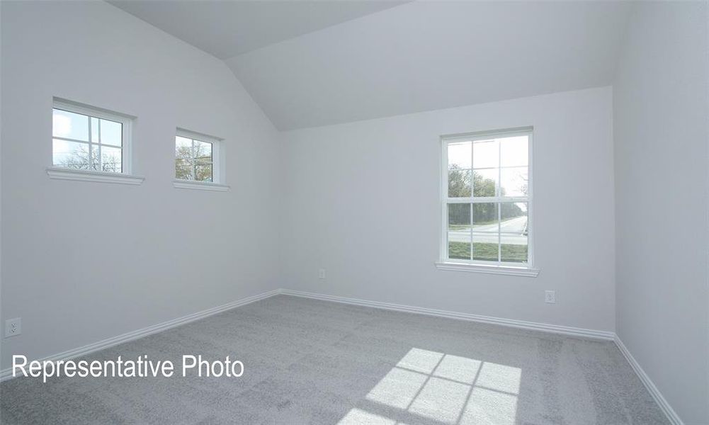 Carpeted spare room with vaulted ceiling and plenty of natural light