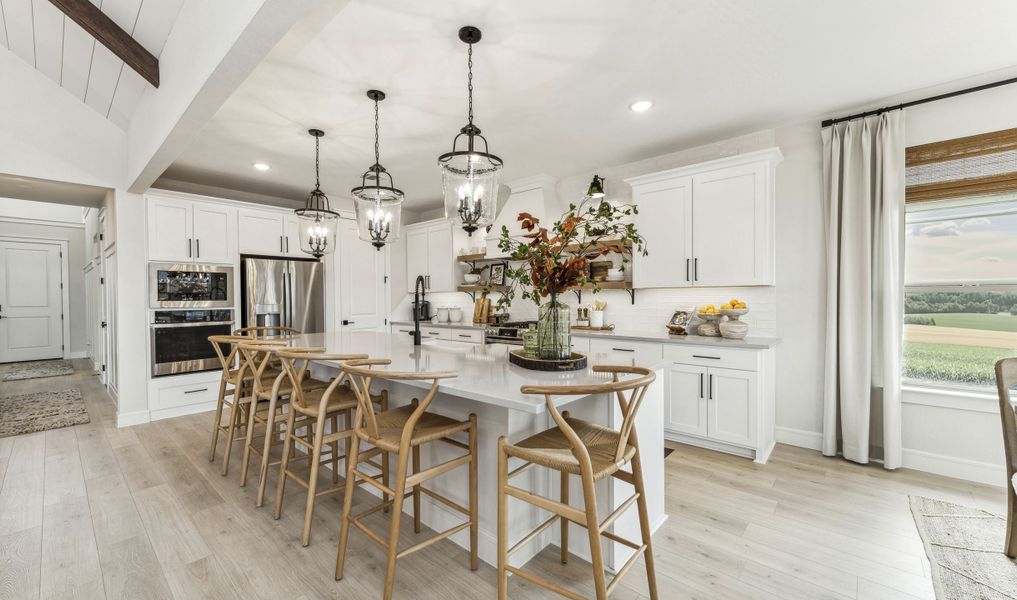 Gorgeous kitchen island and floating shelves