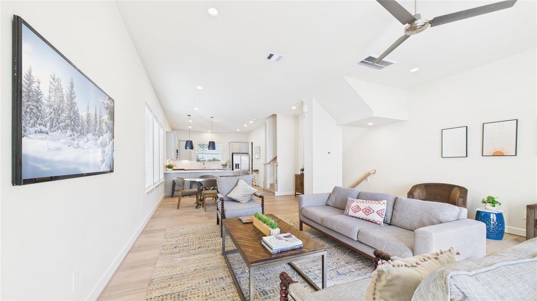 Plenty of space to add a large sectional sofa and chairs. Plenty of space to add a large sectional sofa and chairs.