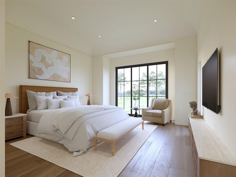 A dramatic barrel ceiling and neutral tones set the stage in this tranquil primary suite, where a wall of 10 ft grid black-trimmed windows connects to your private outdoor space. A dramatic barrel ceiling and neutral tones set the stage in this tranquil primary suite, where a wall of 10 ft grid black-trimmed windows connects to your private outdoor space.