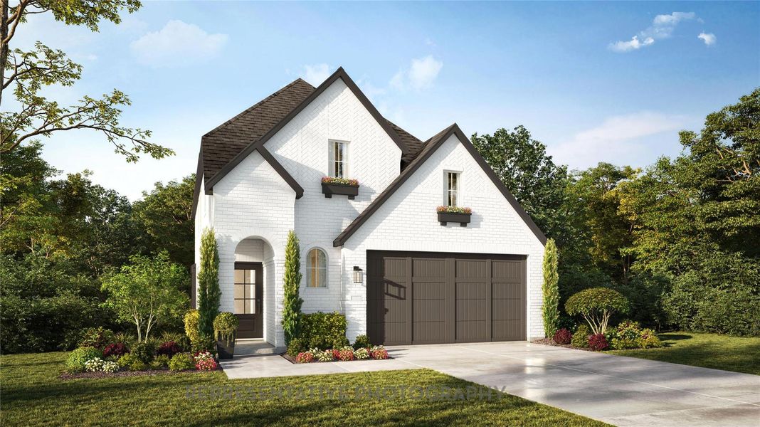 Front exterior of a new home in The Highlands, Porter, TX, highlighting curb appeal (Image 1). Front exterior of a new home in The Highlands, Porter, TX, highlighting curb appeal (Image 1).