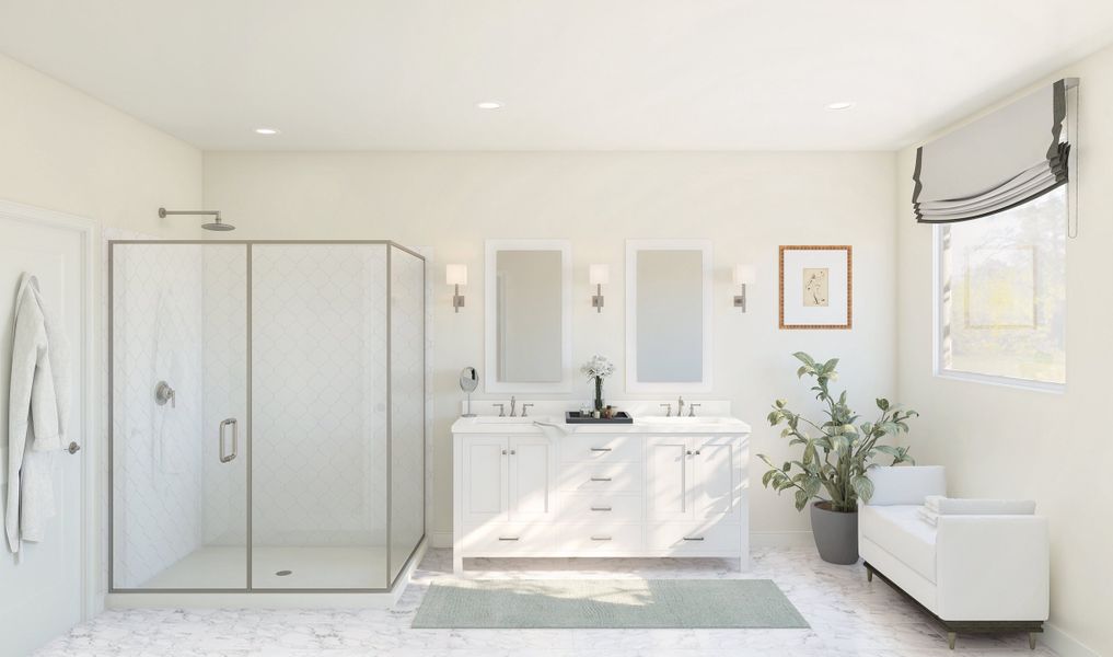 Primary bath with freestanding vanity