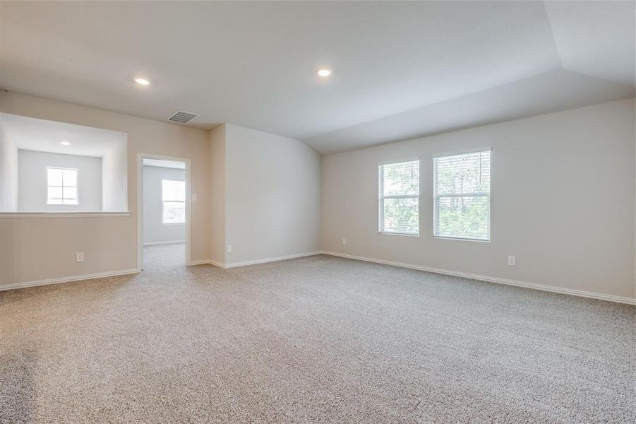 Carpeted spare room with lofted ceiling and a wealth of natural light