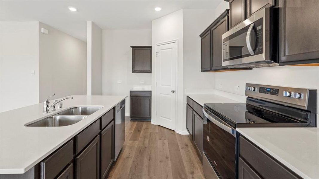 Contemporary kitchen featuring dark wood cabinetry, white countertops, stainless steel appliances, and wood-finish flooring