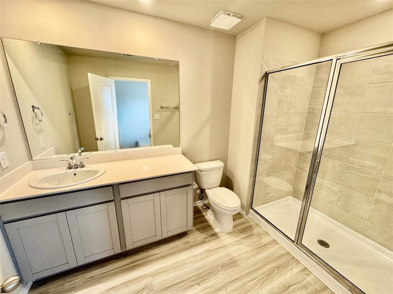 Bathroom with wood finished floors, a stall shower, and vanity