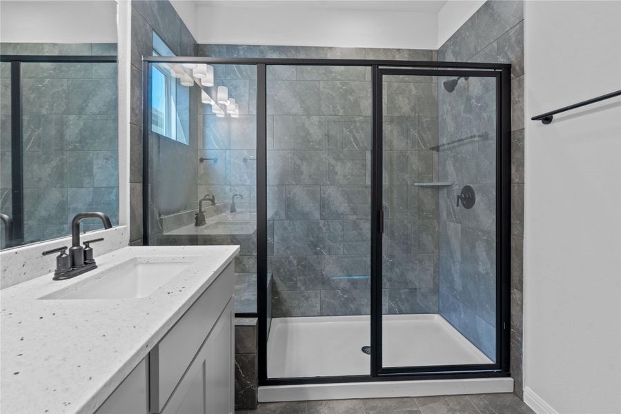 Bathroom featuring vanity and a stall shower