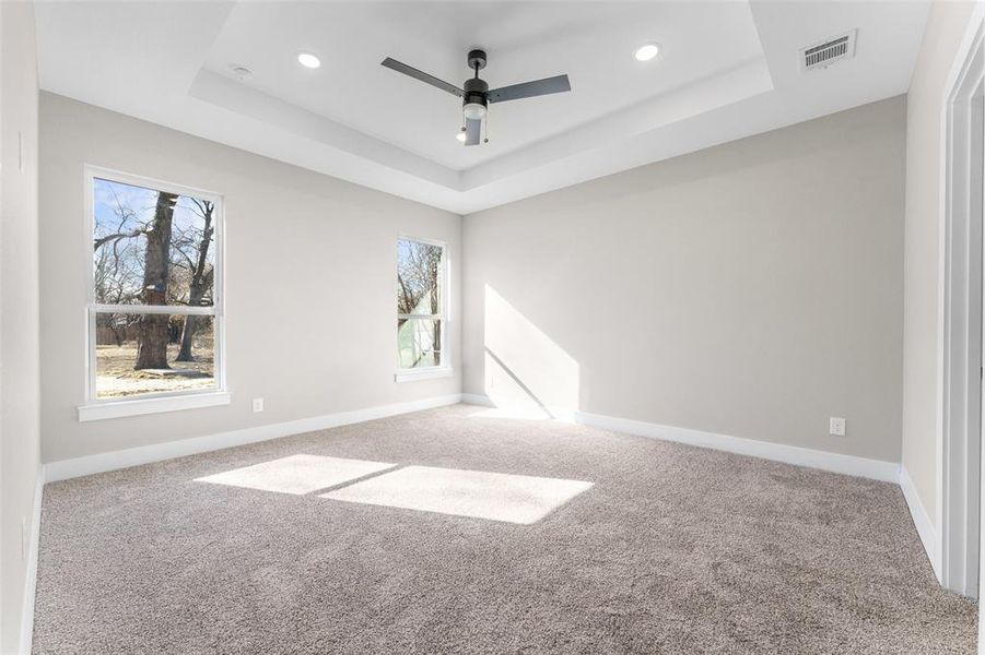 Empty room featuring carpet floors, a raised ceiling, and ceiling fan