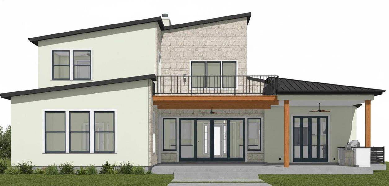 Rear view of property with a yard, a patio, stucco siding, and a ceiling fan