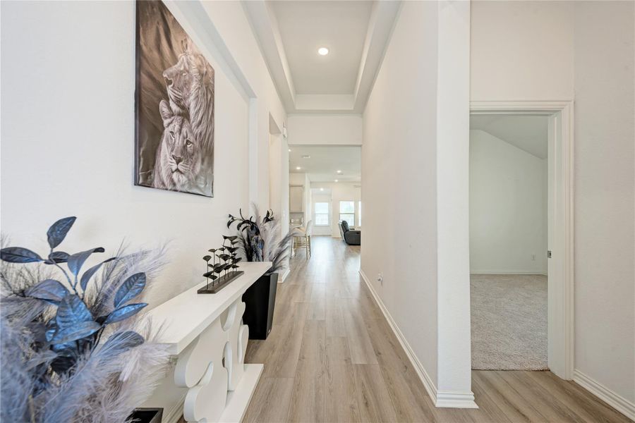 A well-lit hallway with light wood flooring leads to a spacious living area.