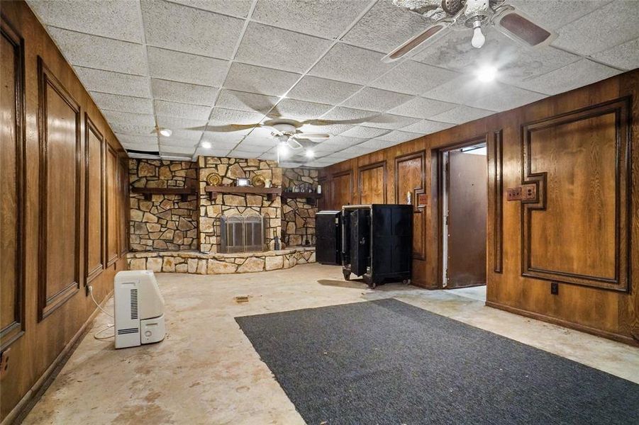 Stone Fireplace, Wood Paneling