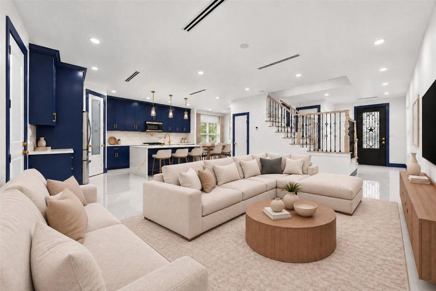 Virtually staged living area highlighting the spacious open layout and connection to the kitchen