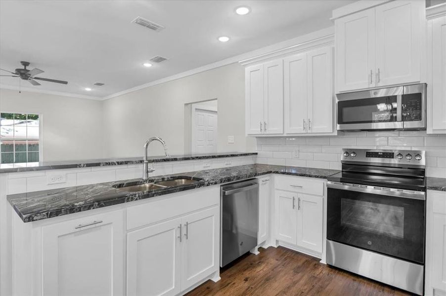Kitchen featuring stainless steel appliances, a sink, crown molding, a ceiling fan, and dark stone counters