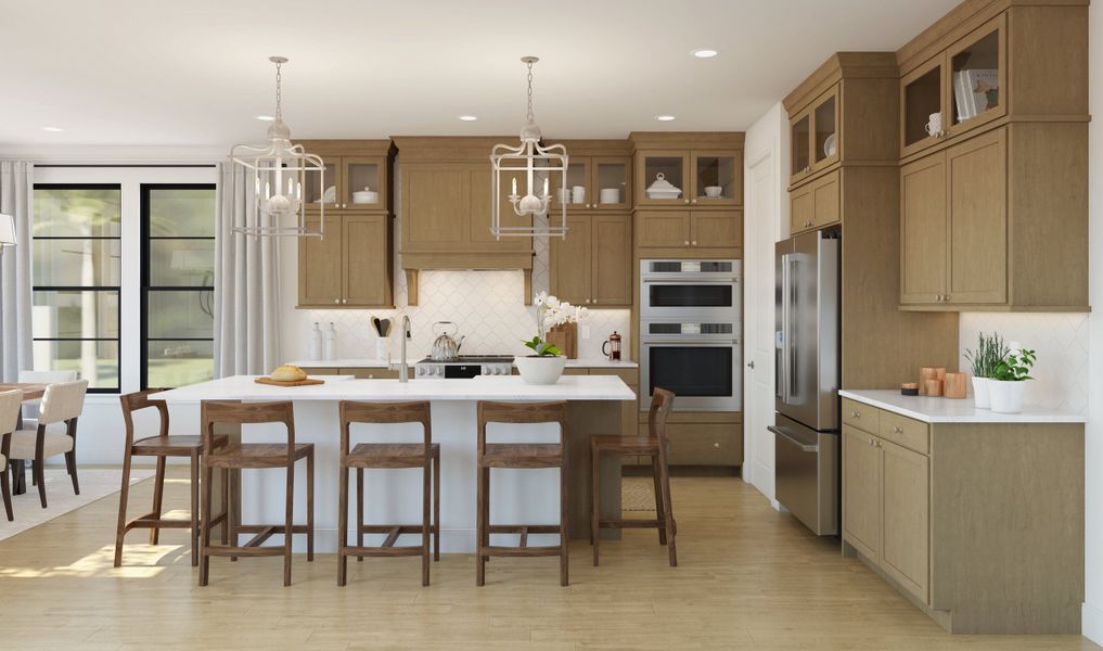 Kitchen with stacked glass-front upper cabinets