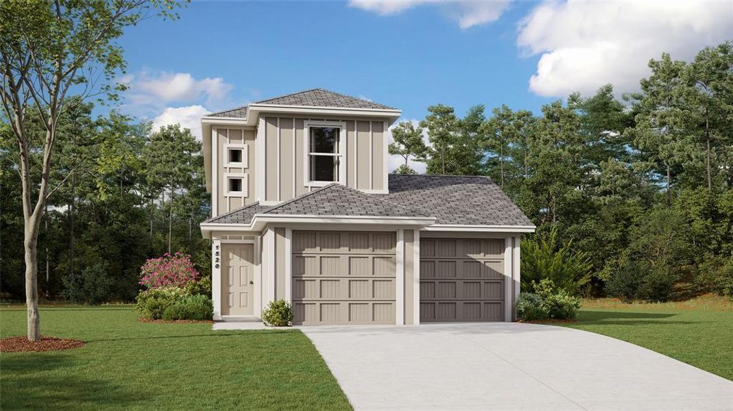 View of front facade with a garage and a front lawn