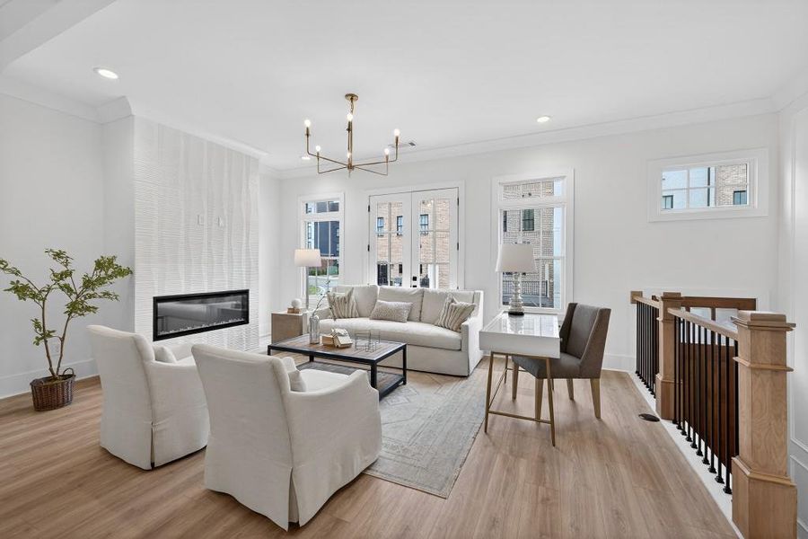 Furnished interior view inside a new home in Skyview On Broad, Sugar Hill (Image 6). Furnished interior view inside a new home in Skyview On Broad, Sugar Hill (Image 6).