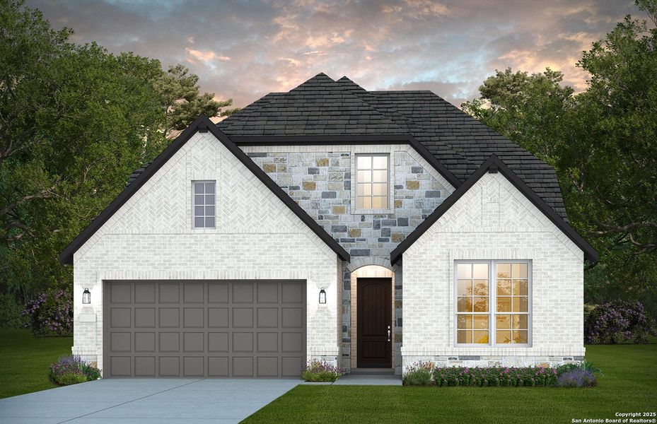 Front exterior of a new home in Bison Ridge, San Antonio, TX, highlighting curb appeal (Image 1).