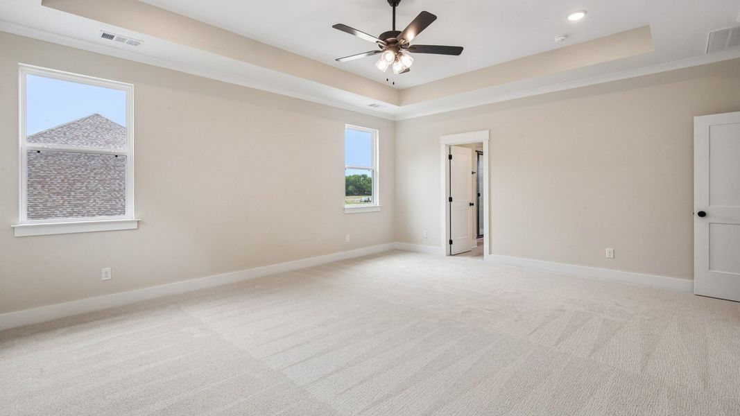 Primary suite with tray ceiling, ceiling fan, and carpet Primary suite with tray ceiling, ceiling fan, and carpet