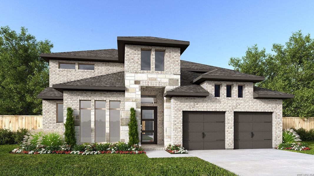 Front exterior of a new home in The Ranches at Creekside, Boerne, TX, highlighting curb appeal (Image 1). Front exterior of a new home in The Ranches at Creekside, Boerne, TX, highlighting curb appeal (Image 1).