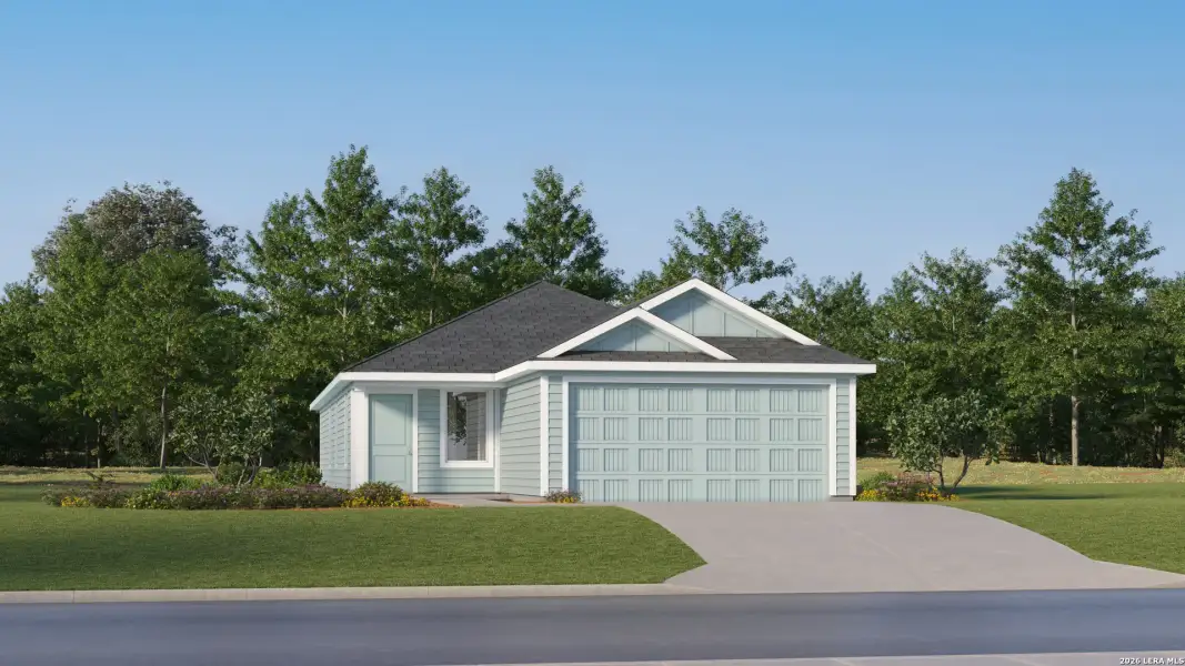 Front exterior of a new home in Pleasanton Meadows, Pleasanton, TX, highlighting curb appeal (Image 20).