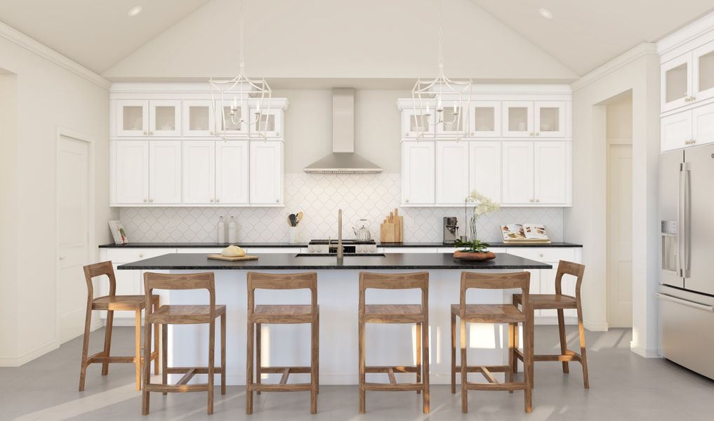 Kitchen with vast island & upper glass cabinets