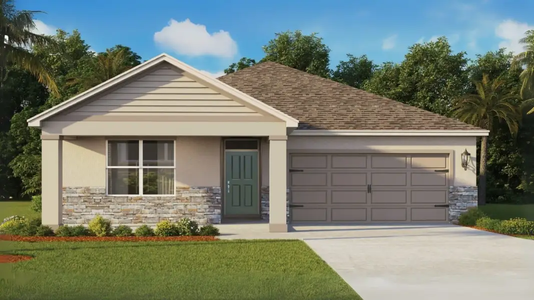 Front exterior of a new home in Preston Cove, St. Cloud, FL, highlighting curb appeal (Image 2). Front exterior of a new home in Preston Cove, St. Cloud, FL, highlighting curb appeal (Image 2).
