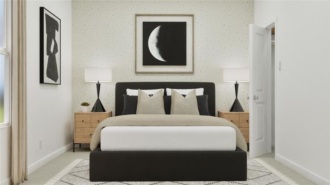 Carpeted bedroom with wallpapered walls and baseboards Carpeted bedroom with wallpapered walls and baseboards