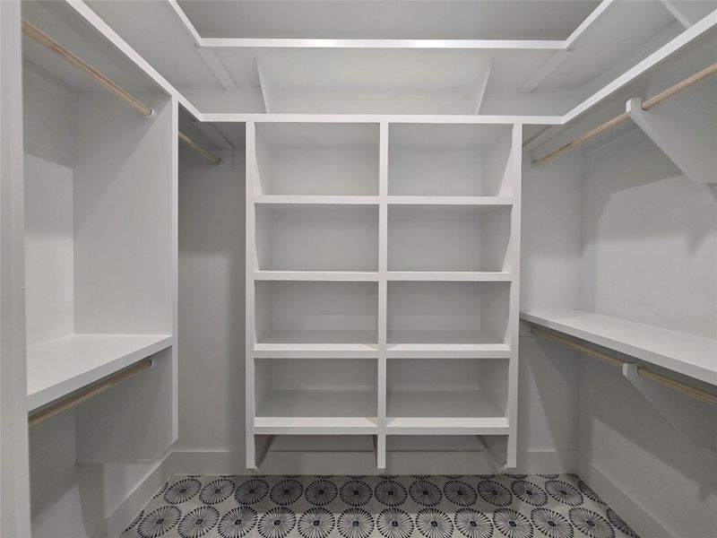Main closet with lots of options for organization AND storage - even an extra bonus upper shelf for those shoe boxes or luggage that is not needed as often. Main closet with lots of options for organization AND storage - even an extra bonus upper shelf for those shoe boxes or luggage that is not needed as often.