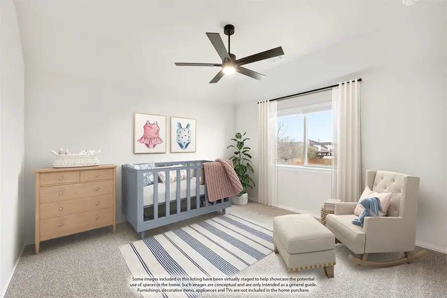 Nursery with gray crib, wood dresser, rocking chair, and ceiling fan on carpeted floor Nursery with gray crib, wood dresser, rocking chair, and ceiling fan on carpeted floor