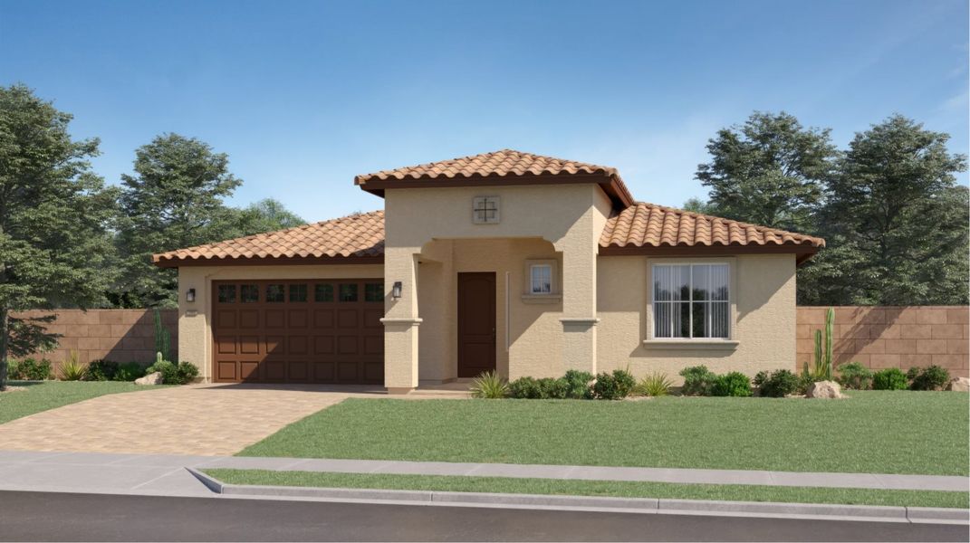 Front exterior of a new home in Asante Heritage | Active Adult, Surprise, AZ, highlighting curb appeal (Image 1). Front exterior of a new home in Asante Heritage | Active Adult, Surprise, AZ, highlighting curb appeal (Image 1).