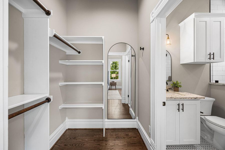 What an efficient design. This is the walk-in closet and en-suite bathroom to the 1st floor bedroom. What an efficient design. This is the walk-in closet and en-suite bathroom to the 1st floor bedroom.