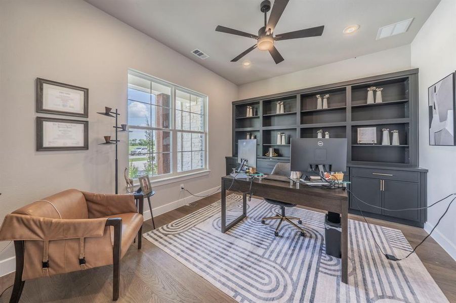 Office featuring ceiling fan, dark wood-type flooring, and recessed lighting Office featuring ceiling fan, dark wood-type flooring, and recessed lighting