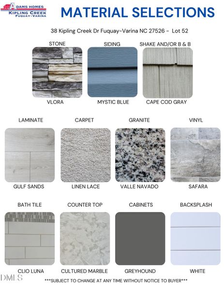 Material and Color selections