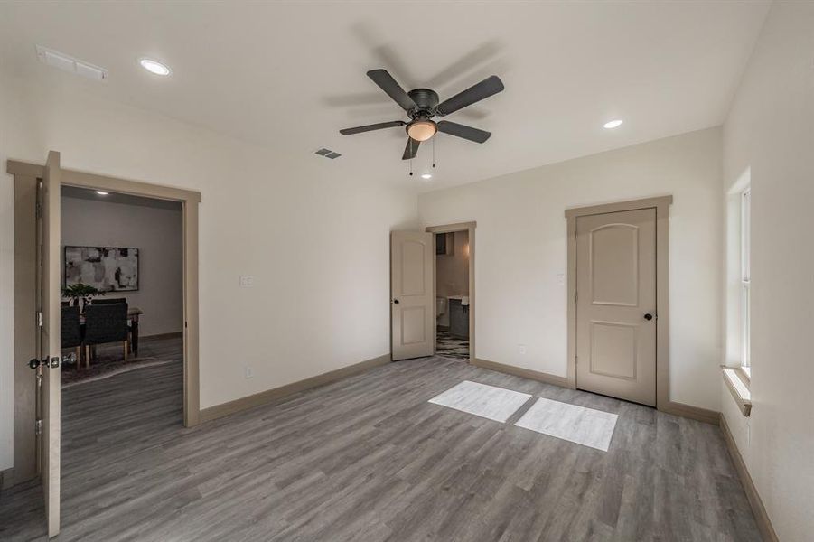 Unfurnished bedroom featuring recessed lighting, light wood-type flooring, and ceiling fan