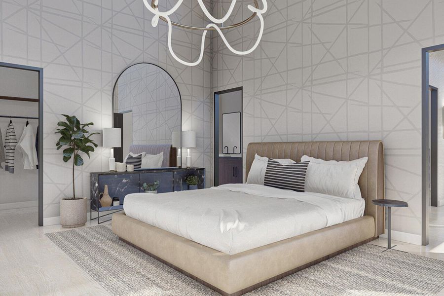 Bedroom featuring tile walls, a notable chandelier, and baseboards