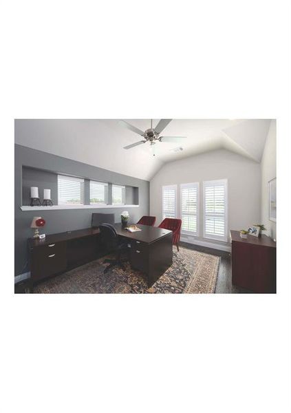 Living room with ceiling fan, dark wood-type flooring, and lofted ceiling