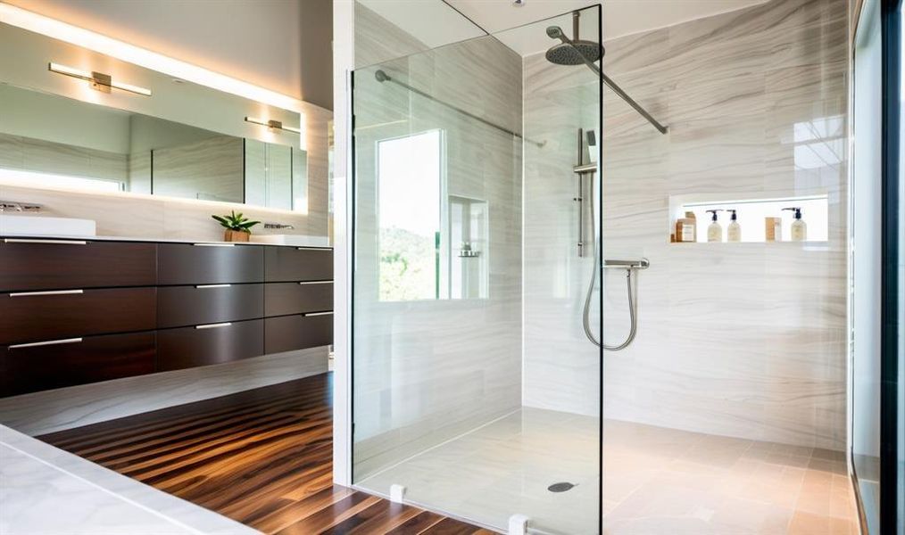 Full bath featuring a walk in shower and double vanity