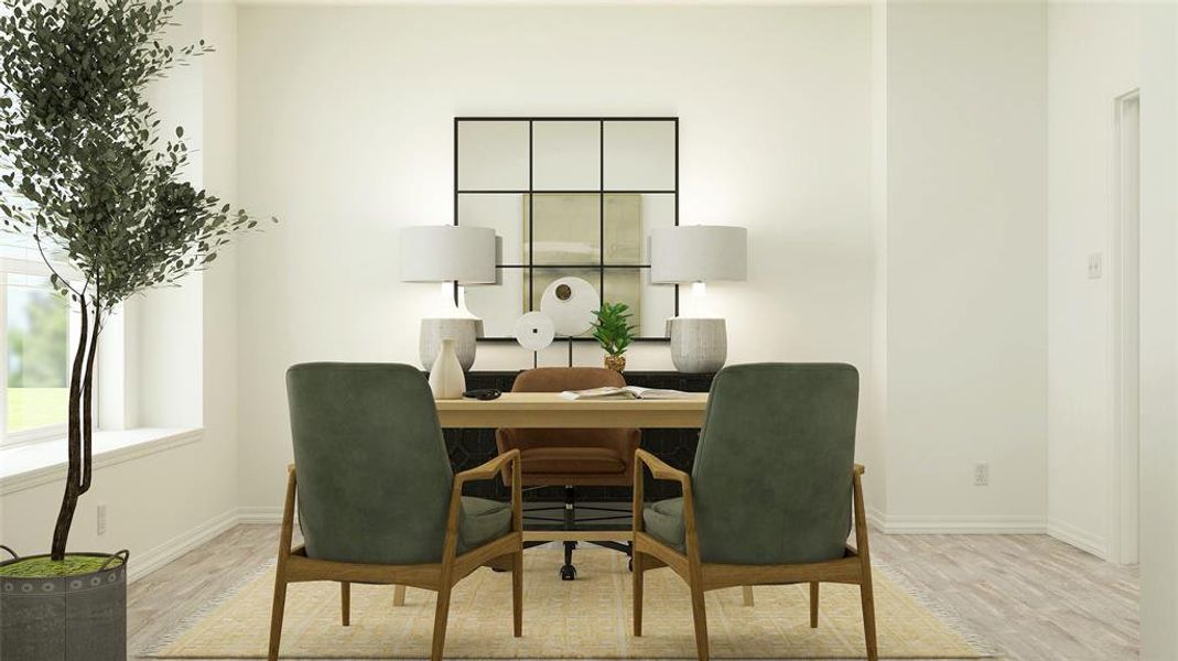 Office area featuring light hardwood / wood-style floors