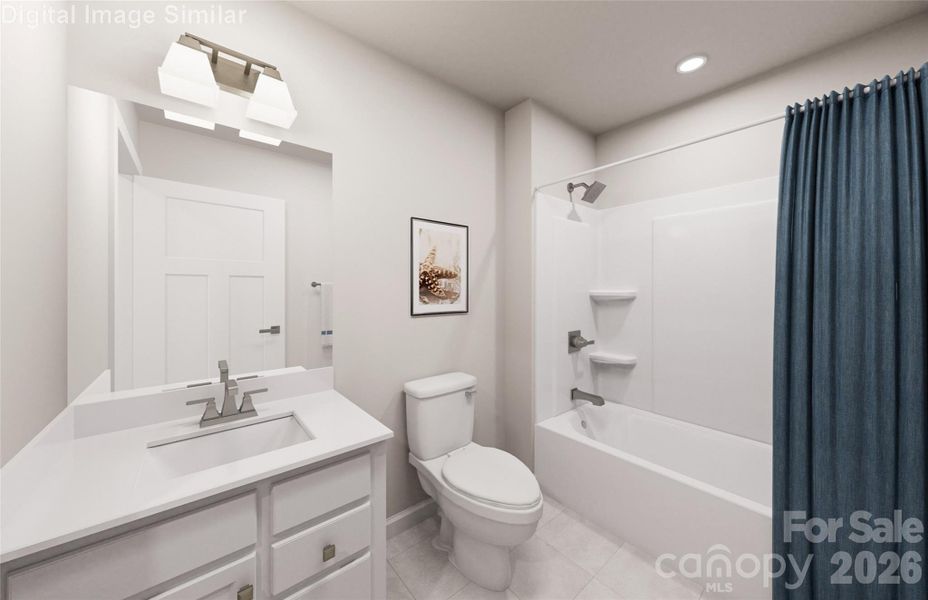 Centrally located hall bath designed for comfort and convenience.